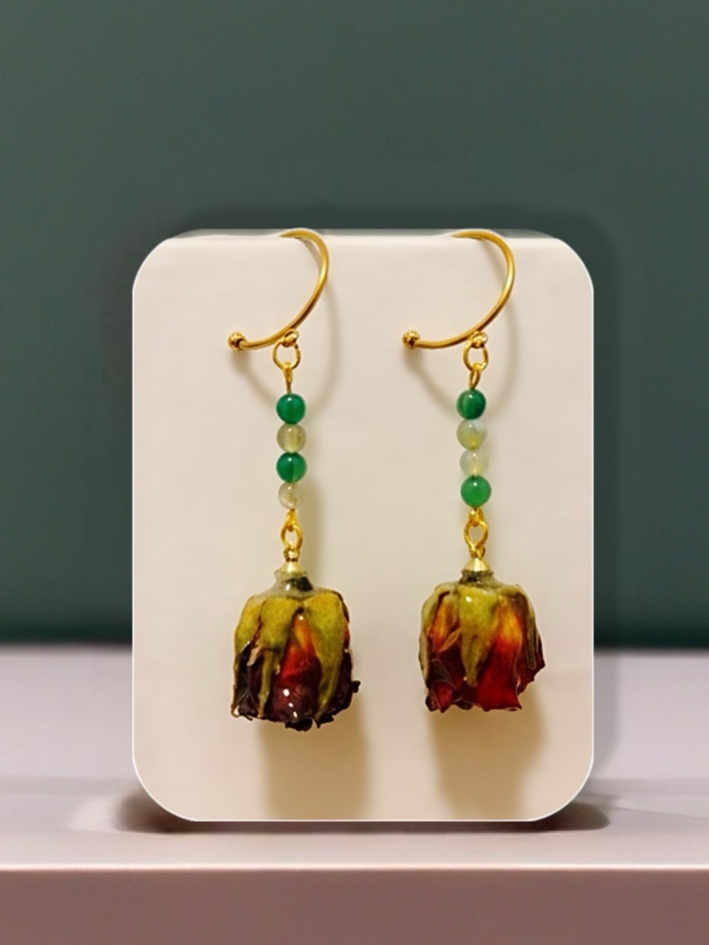 Earrings with Green Beads and Dried Rosebud Accent - Picture 4 of 4